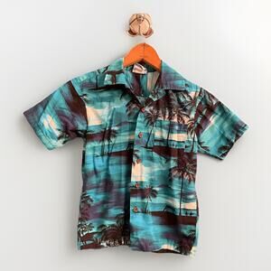 RJC Hawaiian Shirt Blue Palm trees Youth Size 10 Button Up Made In Hawaii